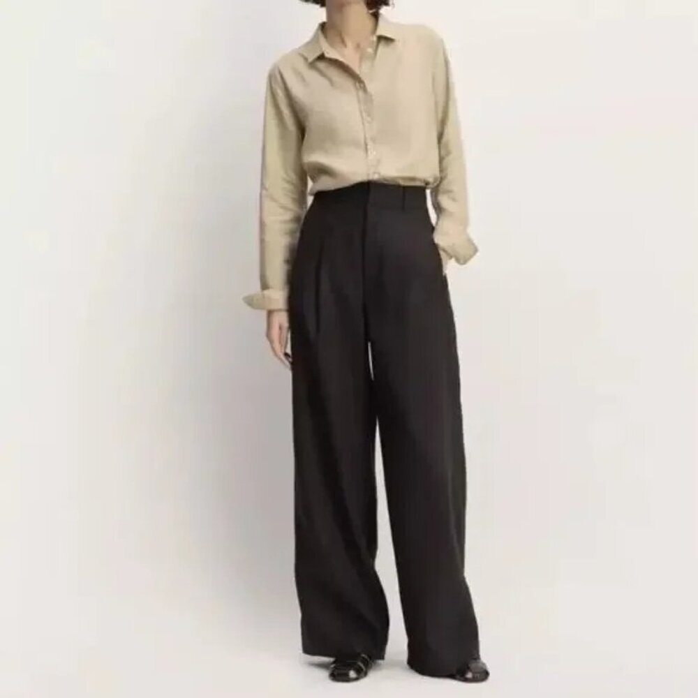 Everlane The Way High Drape Black Grey Wide Leg Trousers Pants Women's 8S